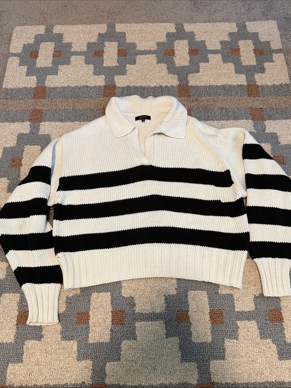 Quince 100% Organic Cropped Cotton Polo Sweater Off-white/Black Stripe Size M